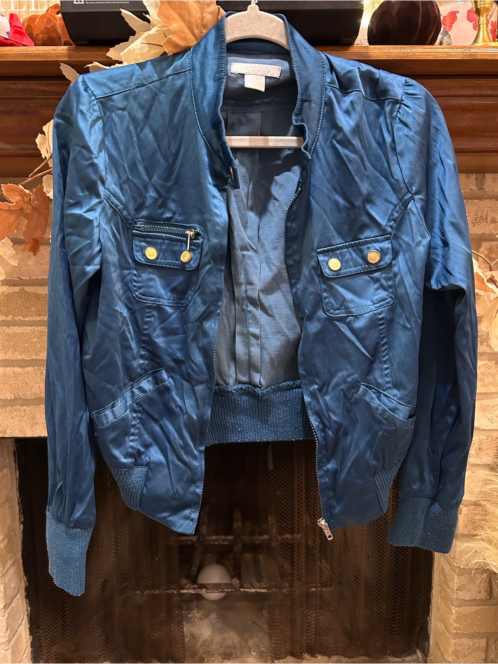Max Rave Blue Bomber Jacket with Gold Buttons EUC